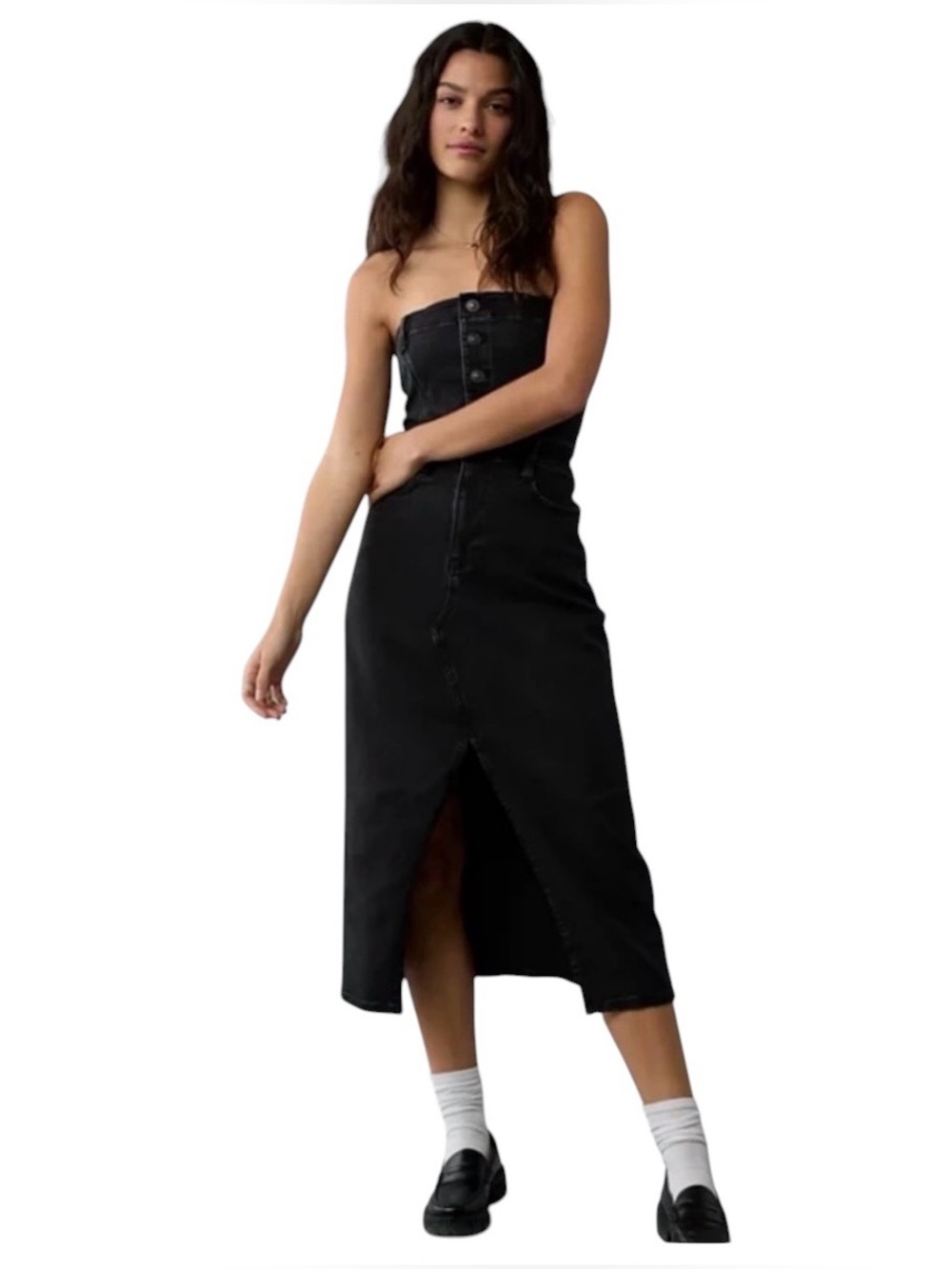 American Eagle Outfitters Black Denim Strapless Dress 00 Festival Grunge Goth